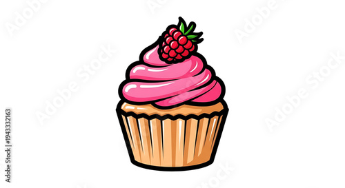 Whimsical cartoon cupcake with swirled pink frosting and a juicy red raspberry topping isolated on a clean white background perfect for sweet treats and desserts