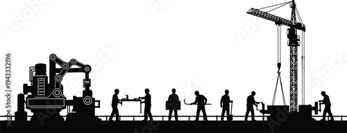 Industrial manufacturing silhouette set featuring factory workers, robotic arm, construction crane, and heavy machinery for engineering and production line concepts.
