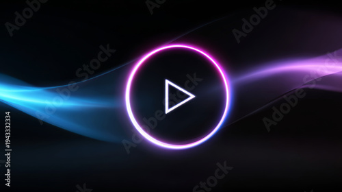 Neon glowing play button symbol in vibrant pink and blue colors visualizing digital media, streaming, and modern technology