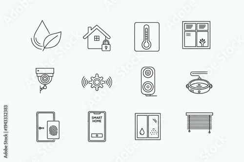 Collection of black and white line icons representing smart home technology and security