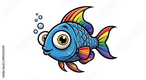 Vibrant cartoon blue fish with rainbow fins and tail exaggerated googly eyes and bubbles expressing surprise or curiosity isolated on white background perfect for children's