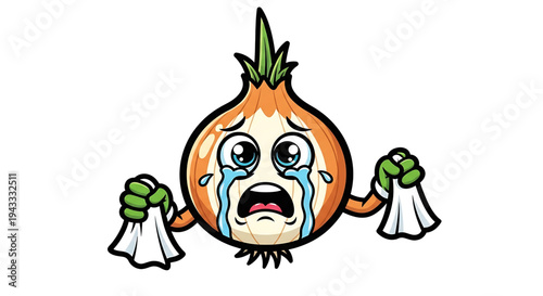 Expressive cartoon onion character with a sad crying face holding tissues in both hands conveying emotions of sorrow distress and unhappiness isolated on a clean white background