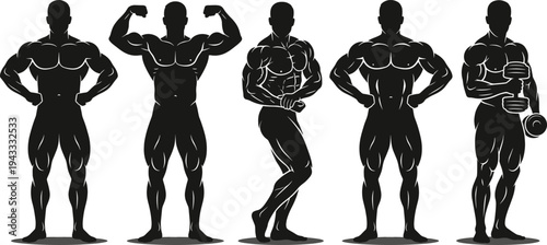 Bodybuilder silhouette set muscular man fitness vector isolated on white background gym workout bodybuilding pose weightlifting athlete exercise strong power muscle illustration