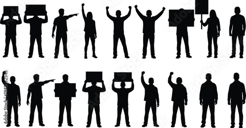 Protest people silhouette set, activists holding placards and raising fists, demonstration crowd collection, political rally protest illustration isolated vector