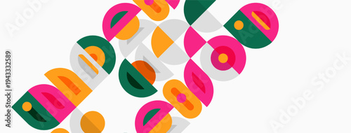 Abstract colorful shapes overlap, creating dynamic visual texture. Bright hues dominate composition. Modern design element.