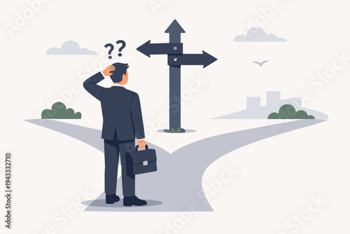 Businessman in a suit standing at a crossroads with a briefcase, feeling confused and scratching his head while looking at a signpost with arrows, symbolizing career path and decision making.