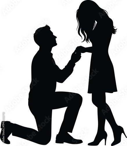 WebRomantic silhouette of a man kneeling to propose marriage to a woman representing engagement, love, wedding proposal, and relationship milestones.