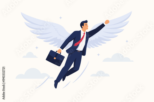 Successful businessman with wings flying high in the sky carrying a briefcase, concept of career growth, ambition, freedom, and achievement, flat vector illustration on a light background.