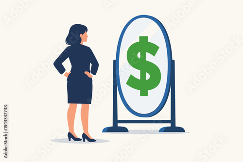 Businesswoman in a professional suit looking into a mirror and seeing a large green dollar sign reflection, symbolizing financial success, ambition, wealth, and money-oriented business goals.