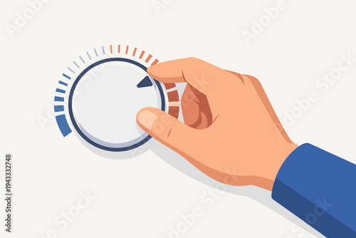 Hand rotating a thermostat dial or volume control knob. Flat vector illustration of adjusting settings, temperature, or sound level for energy efficiency, comfort, and home automation systems.