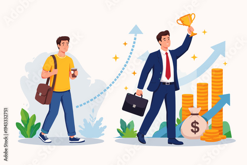 Vector illustration of a man's life transformation from a casual, sad person to a successful, wealthy businessman holding a gold trophy with money stacks, dollar bags, and rising growth arrows.