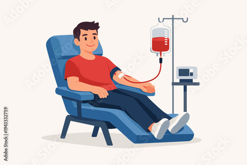 Flat Vector Illustration of a Young Man Sitting in a Medical Chair Donating Blood at a Clinic; Blood Bag Hanging on a Stand; Concept of Healthcare, Charity, Volunteerism, and Life-Saving Donation.