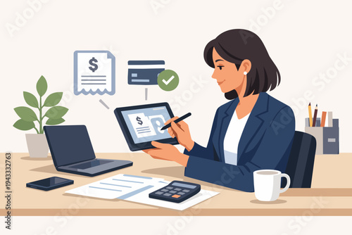 Businesswoman Sitting at Desk Paying Bills Online Using Tablet Computer and Stylus, Financial Management, Digital Banking, Accounting, E-commerce, Flat Vector Illustration of Office Workspace