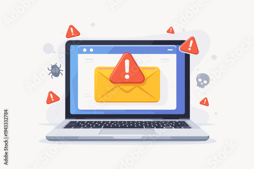 Vector Illustration of a Spam Email Envelope with Warning Window on Laptop Screen, Featuring Malware Bug and Skull Icons for Cyber Security, Phishing Alert, Data Breach, and Internet Safety Themes