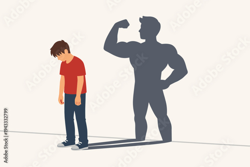 Vector Illustration of a Sad Depressed Weak Young Man Standing with Head Down Casting a Strong Muscular Shadow on the Wall Representing Inner Strength, Potential, Ambition, and Self Confidence.