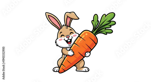 Joyful cartoon bunny embracing a giant vibrant orange carrot with green leafy top celebrating healthy eating and springtime abundance isolated on a clean white background