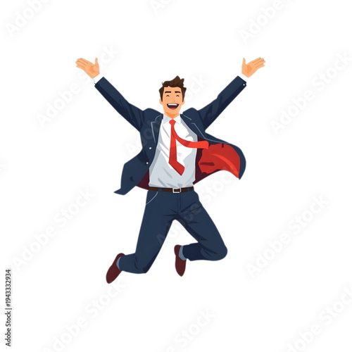 Cartoon of a handsome executive in a suit jumping for joy, expressing success and happiness as a successful young entrepreneur.
