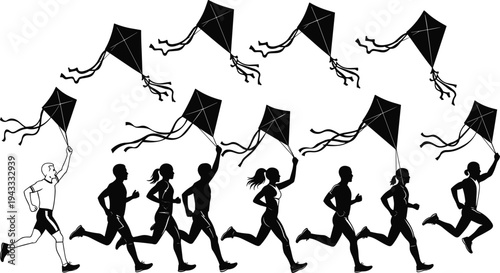 Running people flying kite silhouette set, active lifestyle jogging runners collection, outdoor sport recreation illustration isolated vector design
