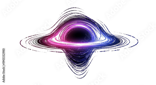 Abstract swirling vortex of cosmic energy a vibrant purple and blue glowing singularity representing a black hole with an accretion disk set against a clean white background