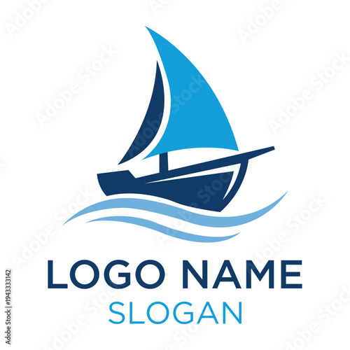 Modern Blue Sailboat Logo Icon Vector Graphic Nautical Maritime Adventure Ocean Sea Wave Transportation Tourism Travel Voyage