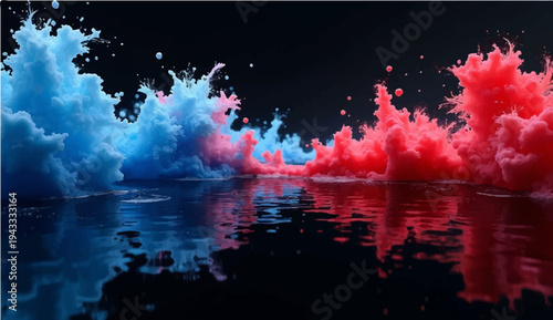 A vibrant art illustration of colorful paint splashes and liquid motion waves creates a beautiful vector pattern with blue water drops isolated on a white background
