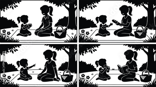 Picnic silhouette set mother and daughter park vector isolated on white background family bonding outdoor activity summer leisure parenting child girl illustration