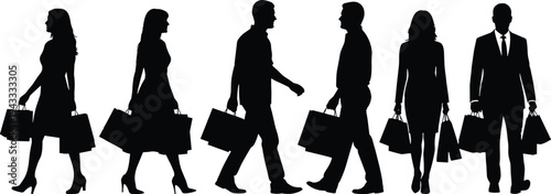 Shopping people silhouette set, men and women carrying bags, retail consumer walking collection, fashion shoppers illustration isolated vector