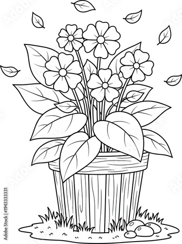 Black and white illustration of a potted plant with flying insects
