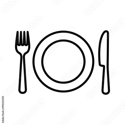 Minimalist icon of a fork, plate, and knife on a white background.
