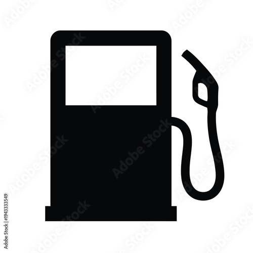 A black silhouette icon of a gas pump with a nozzle and hose, representing fuel, energy, and service stations for vehicles.