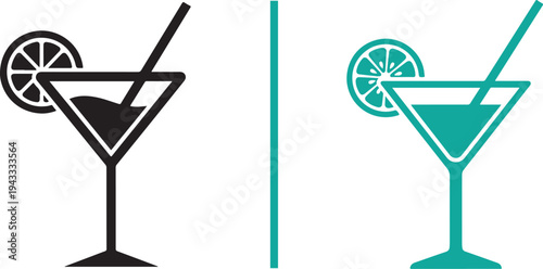Two martini glass icons in a minimalist flat style. The left icon is a solid black silhouette, while the right is teal. Both include a citrus garnish and straw, split by a vertical teal line.