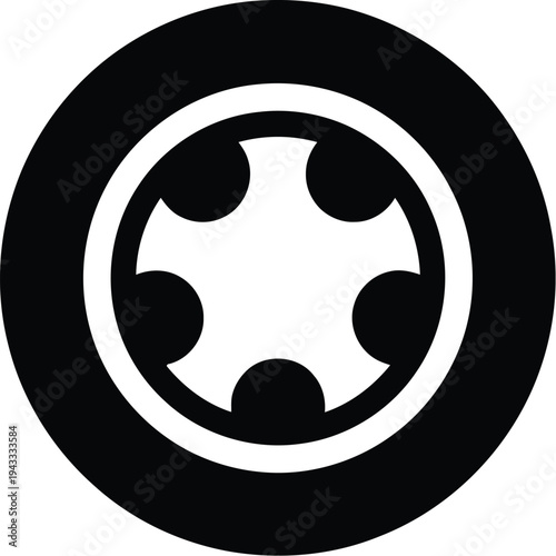 Black and white icon of a car wheel or tire with a five-spoke rim design.