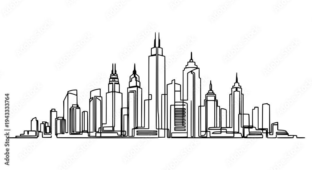 Fototapeta premium City skyline illustration with modern skyscrapers and urban buildings in black lines featuring architecture, cityscape,