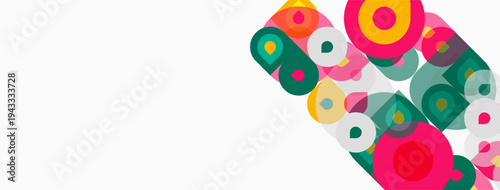 Abstract colorful circles, squares overlap white background. Modern design, vibrant hues create playful composition.