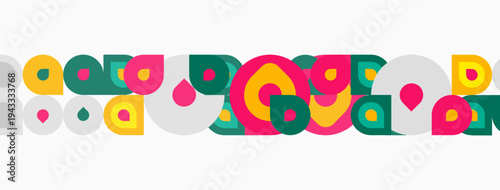 Abstract geometric shapes, circles, squares, vibrant colors. Pattern repeats horizontally, creating playful design. Minimalist style.