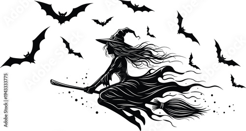 Silhouette of a witch flying on a broomstick with bats in the night sky black and white Halloween vector illustration
