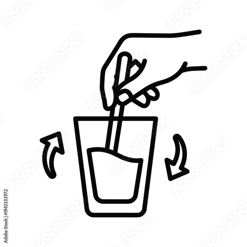 Hand stirring liquid in glass with swirling arrows icon