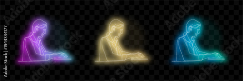 Neon Silhouette Meditating Figures, Yoga Poses, Spiritual Wellness Vector Set