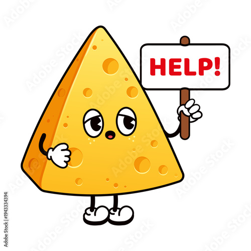 Worried cheese mascot character holding a help sign