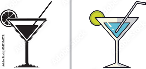 Two martini glass icons: a minimalist black-and-white version with a citrus slice, and a colorful light blue cocktail with a lime garnish and straw, separated by a thin vertical line.