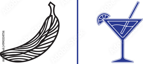 A black line-art banana with wavy patterns alongside a blue martini glass icon featuring a citrus garnish and straw, separated by a vertical divider.