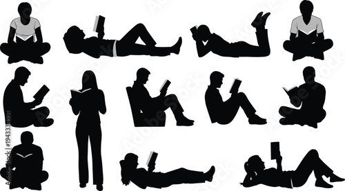 Black silhouette collection of people reading books while sitting, standing, lying down, and relaxing in different poses isolated on white