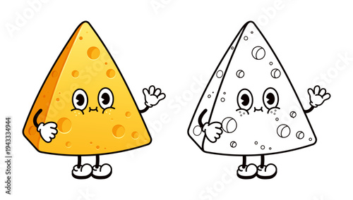 Cartoon cheese character mascot waving for coloring page