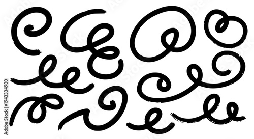 Swirls doodle drawn set with black curved lines and grunge texture on white background featuring illustration, vector,