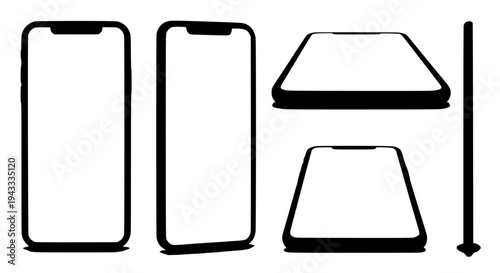 Smartphones hand drawn set with black outlines and various screen shapes featuring smartphone, phone, mobile with