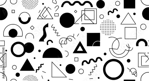 Shapes memphis style with geometric black and white symbols and lines on a white background featuring abstract, graphic