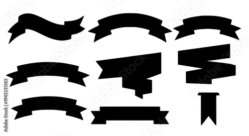 Ribbons black banner set with wavy and straight lines, decorative elements featuring banners, labels, tags with icons