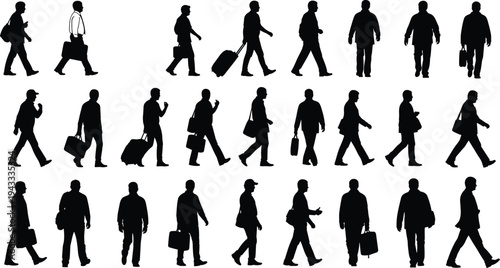 Black silhouette collection of people walking with suitcases, travelers carrying backpacks, commuters with laptop bags, and tourists isolated on white