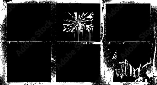 Frames distressed graphic element with grunge textures and abstract burst effect for design featuring frame, border,