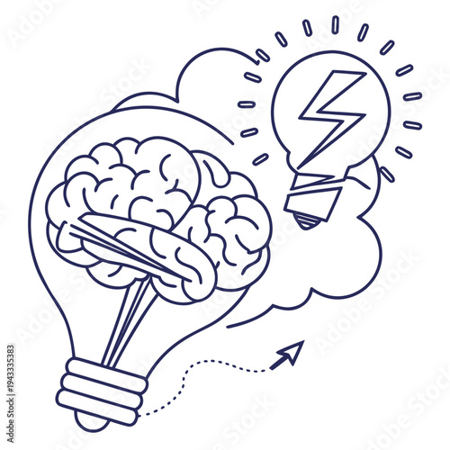 Creative brain light bulb thinking concept vector illustration with idea coming out and generating new thoughts